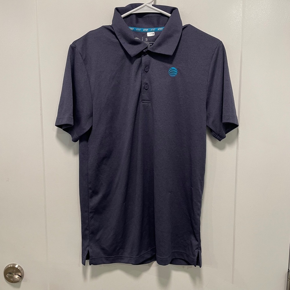 AT&T Mens Navy Blue Textured Performance Polo Shirt Small Short Sleeve Logo